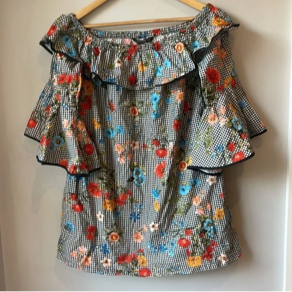 Zara Gingham Off The Shoulder Tunic Floral Ruffle Mini Dress - Picture 3 of 8